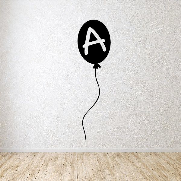 Letter A balloon decal, black balloon with white outlined A and hanging string
