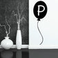 Letter P balloon decal, black circle with white letter P and small balloon tail