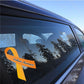 Leukemia awareness ribbon vinyl sticker: yellow ribbon with black 'Leukemia Awareness'