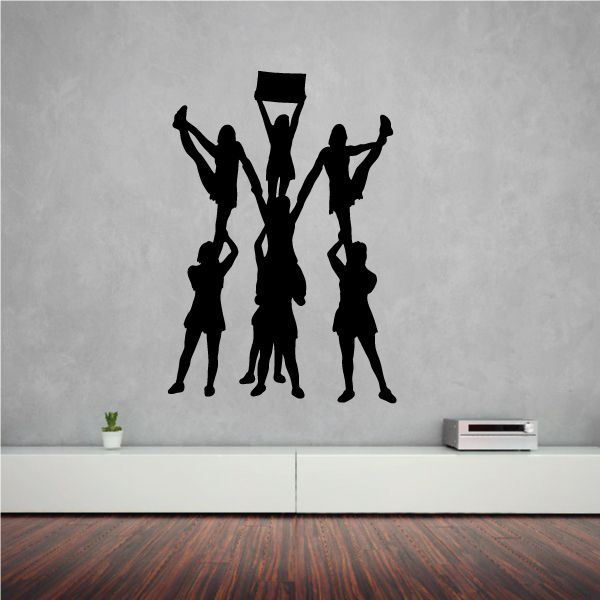 Cheerleading tower decal with black silhouettes of cheering girls and central megaphone