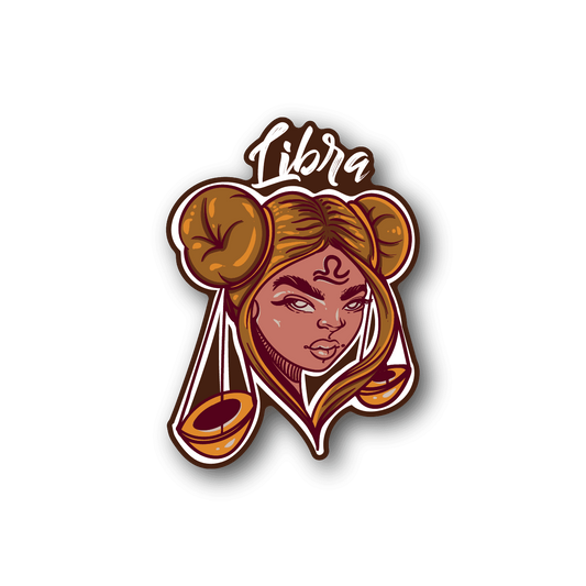 Libra zodiac vinyl sticker with illustrated face and hanging scales, brown and red.