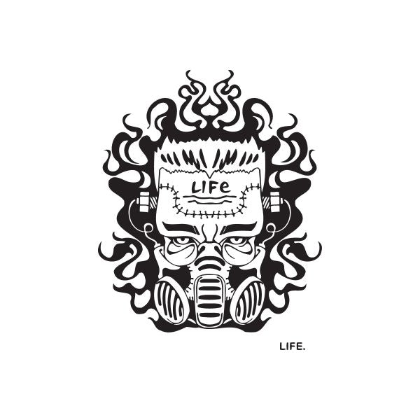 Graffiti decal with flame skull and headphones, 'LIFE' banner and small LIFE text
