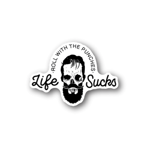 Skull face vinyl sticker with bearded grin and circular slogan, black and white