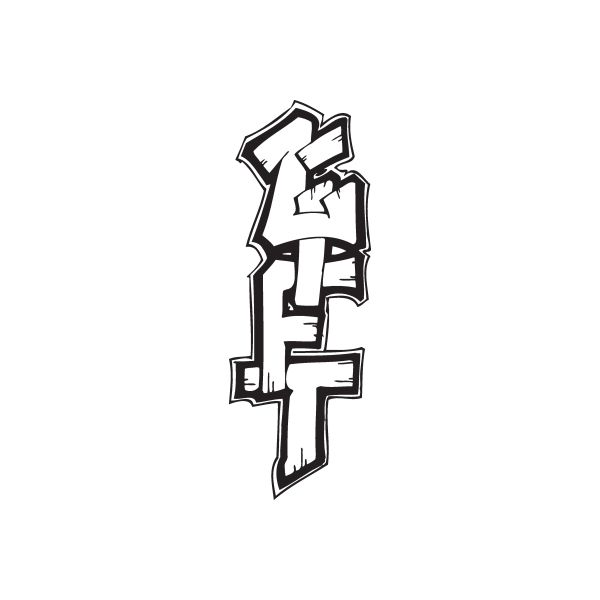 Black and white graffiti-style decal with angular letter shapes
