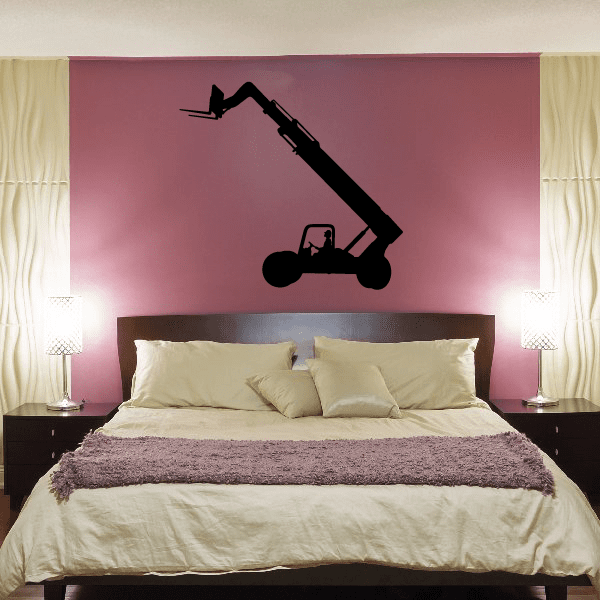Forklift decal with raised telescopic forks, black silhouette on dark purple wall
