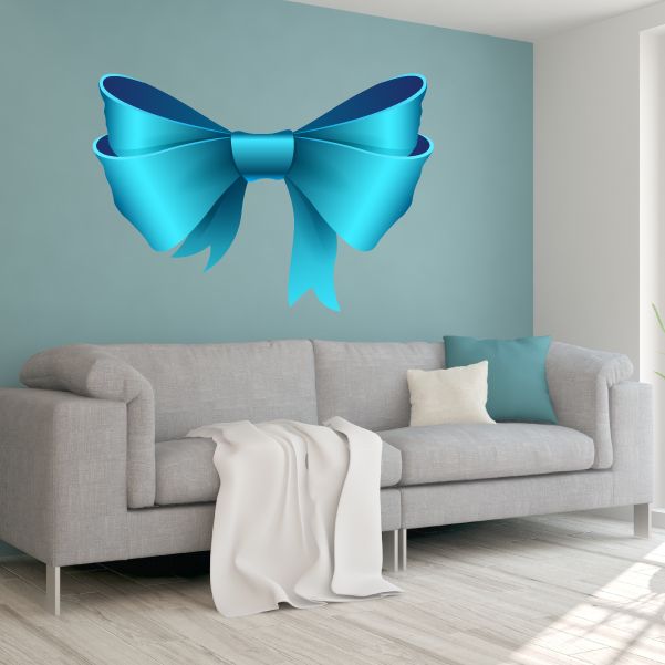 Light blue ribbon bow wall decal with long tails, vinyl sticker