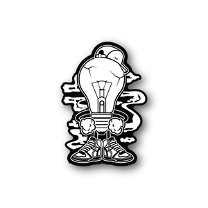 Light boy vinyl sticker with white character and black outline holding a lightbulb