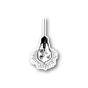 Vinyl sticker: light bulb with small bugs inside, black-and-white outline