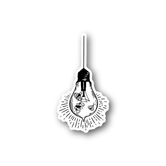 Vinyl sticker: light bulb with small bugs inside, black-and-white outline