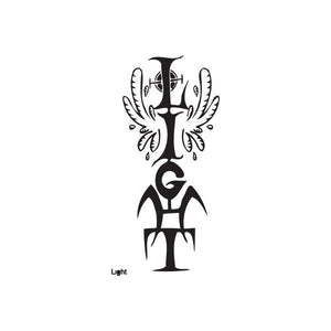 Black light graffiti decal with stylized winged torch figure and small “Light” text