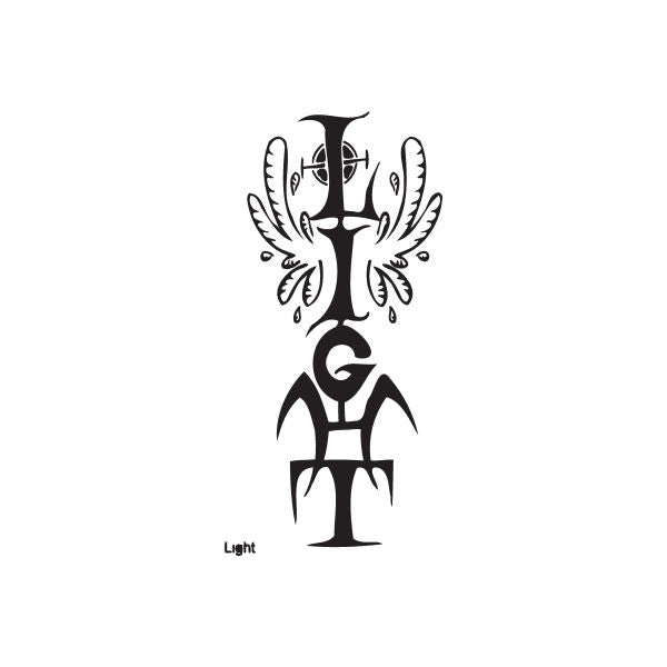Black light graffiti decal with stylized winged torch figure and small “Light” text