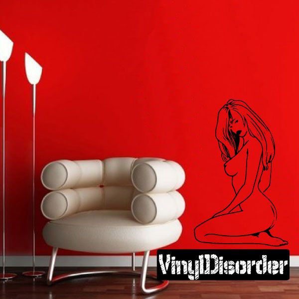 Seated line-art woman wall decal with long light hair and minimalist nude-style pose