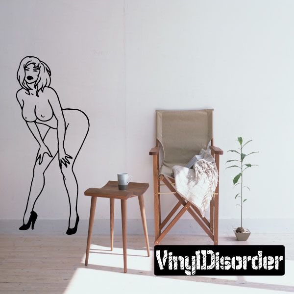 Light-haired woman heels wall decal, black outline line art full-body figure