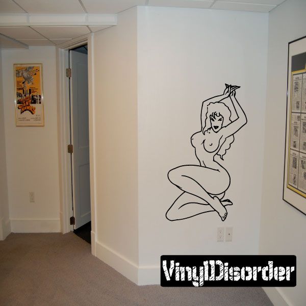 Light-haired woman outline decal with arms up pose