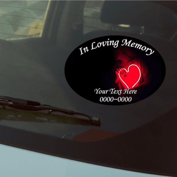 Oval custom memorial sticker with red heart and loving memory text