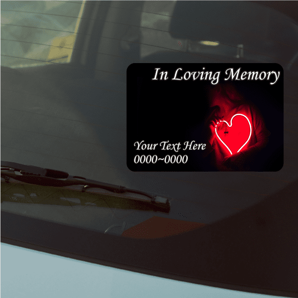 Memorial sticker with black backing, red glowing heart, In Loving Memory text