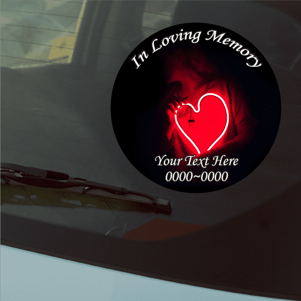 Round mourning memorial custom sticker with red heart, cross, and editable text