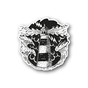 Lighthouse and crashing waves vinyl sticker, black and white illustration with outline