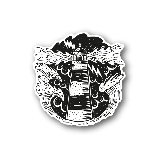 Lighthouse and crashing waves vinyl sticker, black and white illustration with outline