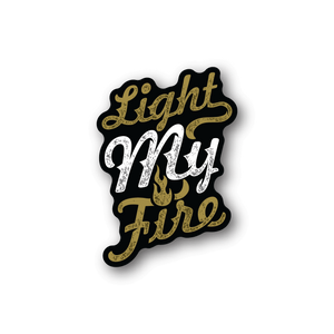 Vinyl sticker with dark outline and gold and white cursive text