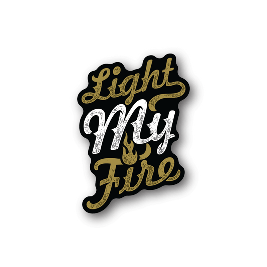 Vinyl sticker with dark outline and gold and white cursive text
