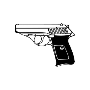 Pistol detail decal, side-profile pistol graphic in black and gray