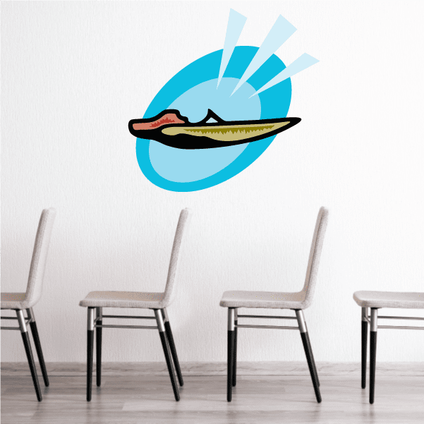 Light blue circular emblem sticker with stylized speedboat and wave graphic