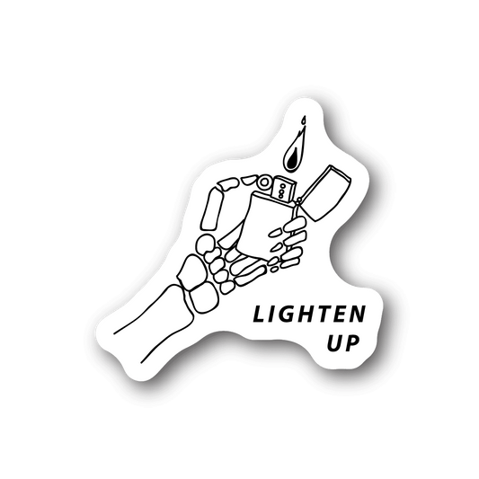 White skeleton hand vinyl sticker with lighter graphic and LIGHTEN UP text
