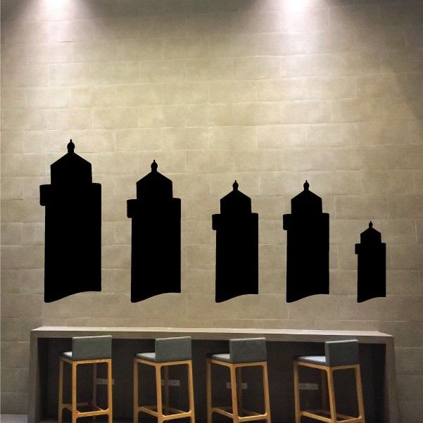 Black grave marker decal set with five lighthouse-shaped tombstones