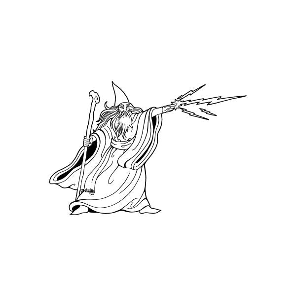 Wizard sitting with wand, lightning bolt line-art decal