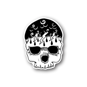 Lightning skull vinyl sticker, white skull with black lightning bolts and teardrop accents