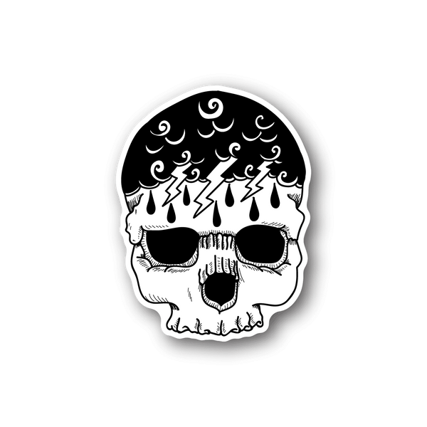 Lightning skull vinyl sticker, white skull with black lightning bolts and teardrop accents