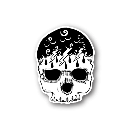 Lightning skull vinyl sticker, white skull with black lightning bolts and teardrop accents