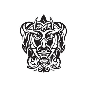 Stylized black-and-white tiki face decal with sharp tribal details