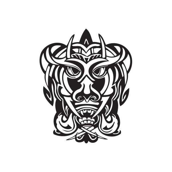 Stylized black-and-white tiki face decal with sharp tribal details