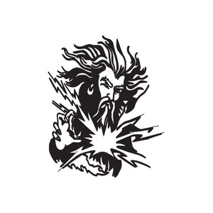 Lightning wizard decal, black and white stylized face with lightning bolt accents