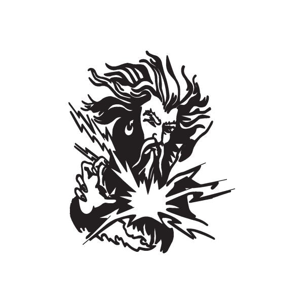 Lightning wizard decal, black and white stylized face with lightning bolt accents