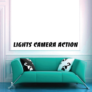 Lights camera action wall decal with bold black lettering on white background