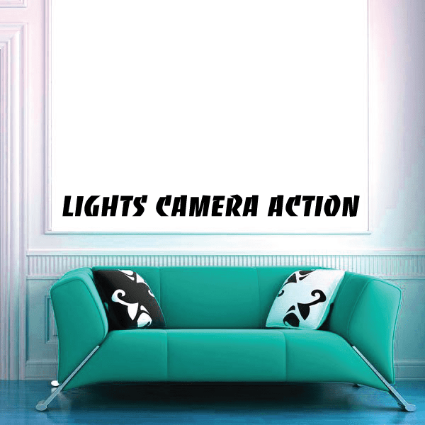 Lights camera action wall decal with bold black lettering on white background
