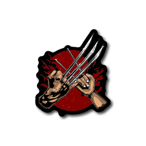Vinyl sticker of two figures holding crossed swords over a red circle