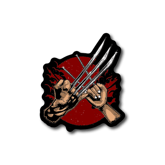 Vinyl sticker of two figures holding crossed swords over a red circle
