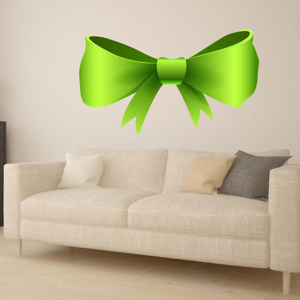 Lime green ribbon bow wall decal, glossy vinyl sticker with loops and hanging tails