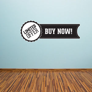 Business badge wall decal with Limited Offer seal and Buy Now banner, black and white
