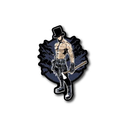 Lincoln Axe vinyl sticker with illustrated man holding an axe