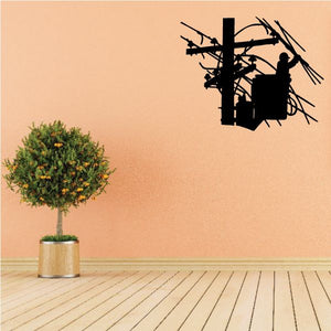 Black lineman grabbing power lines on utility pole wall decal, silhouette graphic