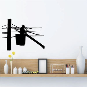Lineman repairing lines wall decal, black lineman silhouette by power pole