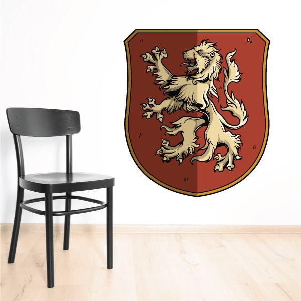 Lion family crest sticker with shield outline and pale lion design on dark red background