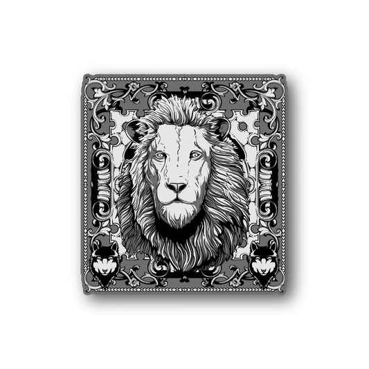 Lion frame vinyl sticker with black-and-white lion head in ornate border