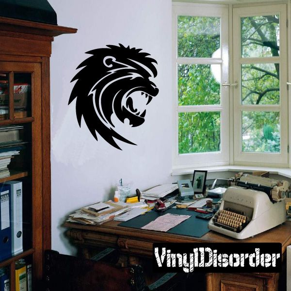 Black lion head tattoo decal with white line art, removable vinyl sticker