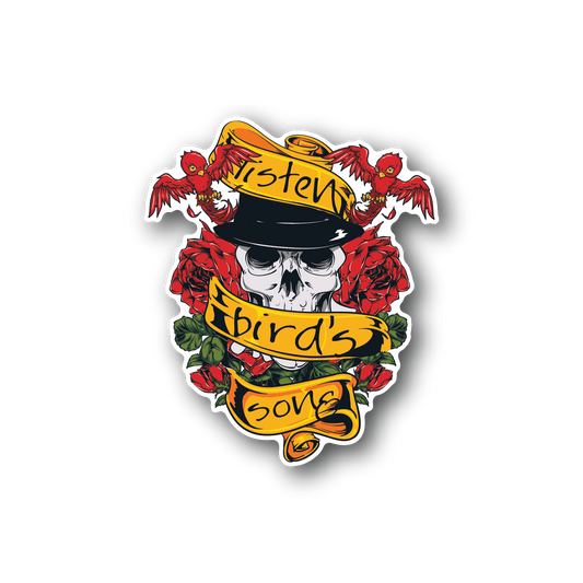Skull vinyl sticker with red roses and “Listen birds song” text